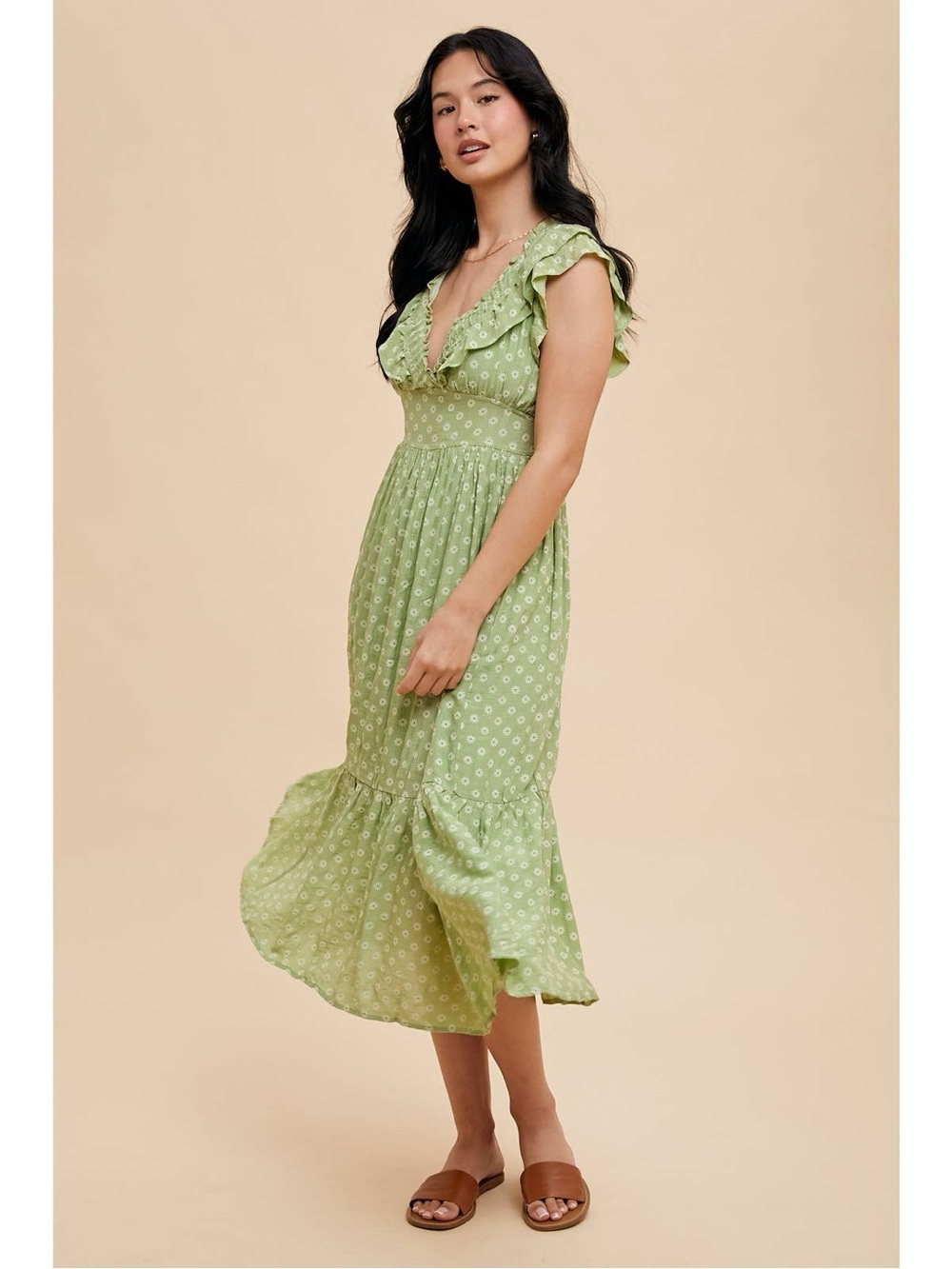 In Loom | Ruffled V-Neck Green floral Midi Dress